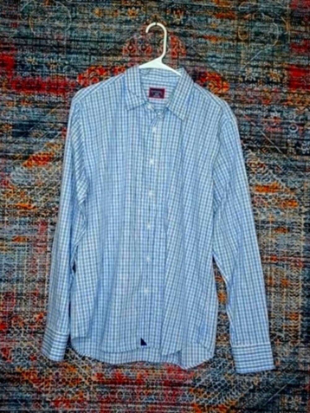 UNTUCKit mens white blue black plaid slim fit button down shirt L EUC